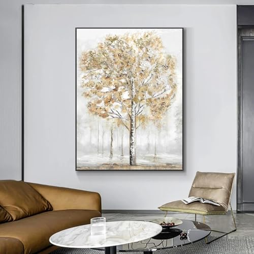Peinture sur toile abstraite arbres jaunes 80x110cm cadre inclus pour chambre