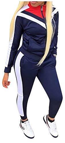 Women 2 Piece Outfits Tracksuit Sets Color Block Full Zip Long Sleeve Hoodie