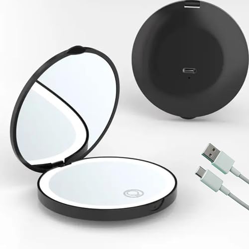 Espejo de Bolsillo Compacto con luz de Maquillaje, Aumento 10x, Espejo de compacto con luz Aumento 10X, Espejo Plegable de 9 cm de diametro, Espejo portatil y pequeño para el Bolso y Viaje (NEGRO)