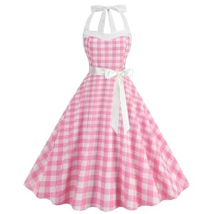 maxToonrain Damen 50er Kleider Gepunktet 1950er Vintage Cocktail Party Abendkleid 50er Festkleid für Erwachsene, Plaid rosa, L