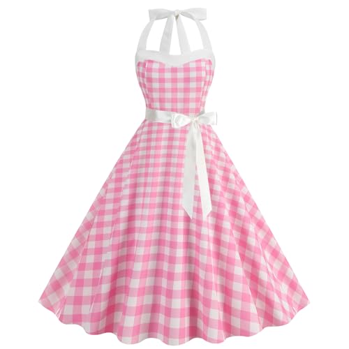 maxToonrain Robes Femmes Années 50 à Pois 1950 Robe Vintage de Cocktail de Soirée de Fête Robe de Fantaisie 50S pour Adultes, Plaid rose., S
