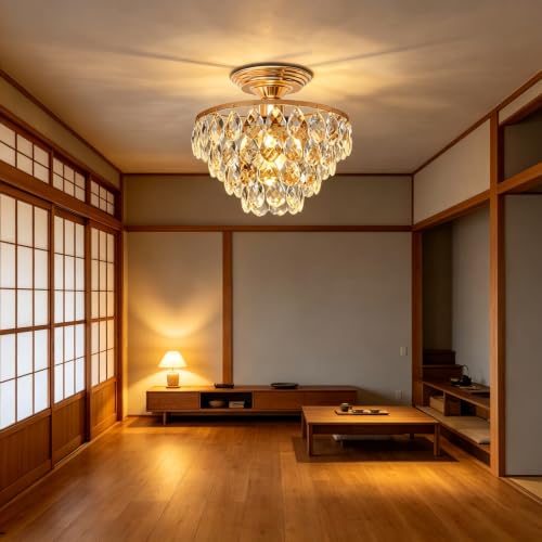 都会スリム多層しずくクリスタル半埋め込みライト 超薄型ゴールド天板 E26 LED 対応 広いワンルームバルコニー・大型洗面室・賃貸広玄関 木目天井に柔らかな煌めきを添えるミニ高級天井灯 [2]