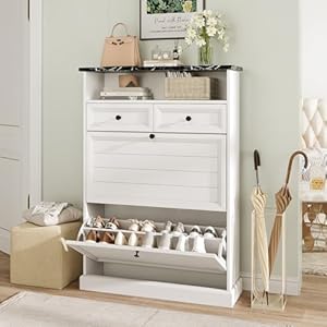 Maupvit Narrow Shoe Storage Cabinet with 2 Flip Drawers Freestanding Shoe Cabinet Storage for Entryway Shoe Organizer with 2 Drawers Open Storage Shoe Rack Organizer White