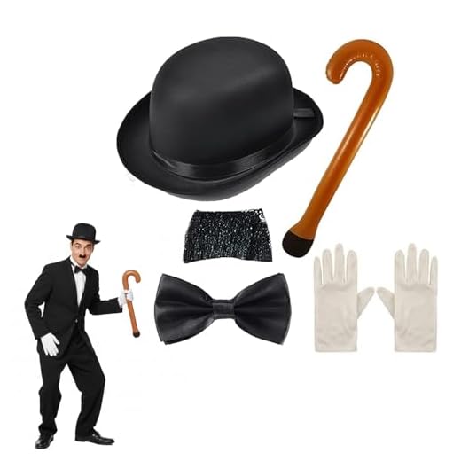 Edozos Charlie Chaplin Kostüm für Erwachsene, 1920er-Jahre-Sturm-Film, 5-teiliges Set, schwarzer Bowler-Hut + Charlie Schnurrbart + Fliege + Handschuhe + aufblasbarer Stock