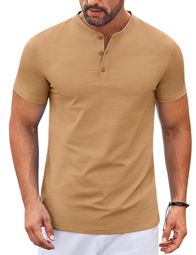 COOFANDY Henley Shirts for Men Short Sleeve Casual T Shirts Stretch Henley Basic Tee Camel