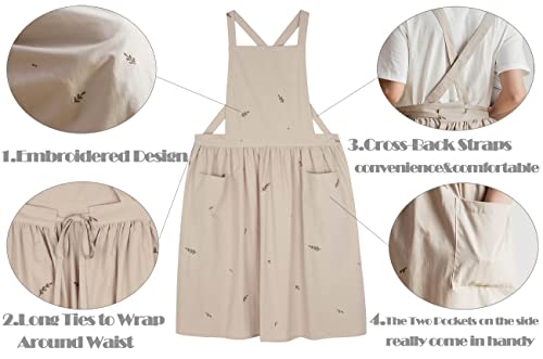 Losofar Embroidered Cotton Pleated Apron Retro Waterdrop Proof Garden Cleaning Pinafore Dress (Leaf Beige, 103Cmx86Cm) #TOP3