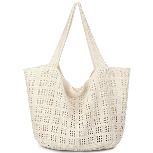 hatisan Large Crochet Bags for Women Summer Beach Tote Bag Aesthetic Tote Bag Hippie Bag Knit Bag(A Large 1 Beige)