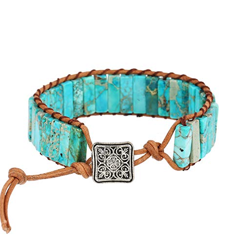 Iuniqueen Leather Chakra Handmade Imperial Jasper Wrap Adjustable Bead Bracelet (Turquoise Blue) #TOP4