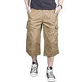 MAGNIVIT Mens Capri Long Twill Elastic Cargo Shorts Below Knee 3/4 Cargo Shorts Cotton Relaxed Fit Casual Multi-Pocket Khaki 38