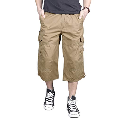 MAGNIVIT Mens Capri Long Twill Elastic Cargo Shorts Below Knee 3/4 Cargo Shorts Cotton Relaxed Fit Casual Multi-Pocket Khaki 38