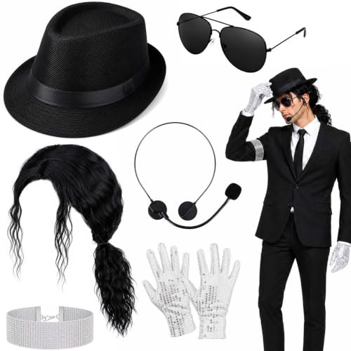 6 Pcs Pop Star Costume Accessories for Adults 80s 90s Rock Superstar Outfit with Black Fedora Hat Wig Sequin Gloves Sunglasses Headset Mic Armband Set for Halloween Party Fancy Dress