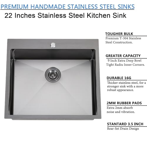 Image of SHACO 22x18 Inch Drop In Black Bar Sink, 22 Inch Gunmetal Black Outdoor RV Laundry Utility Sink, Stainless Steel 16 Gauge Single Bowl Prep Small Kitchen Sink with Strainer Drain