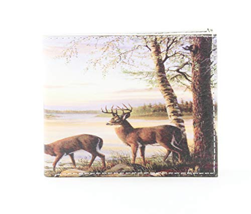 Leather Impressions Slim Bifold Mens Wallet - Deer Print Vegan Leather Wallet For Men With Top-Flap 2 ID Windows, 7 Cards, 2 Inner Slots & 2 Cash Pockets - Billfold Men's Wallet & Gift Box