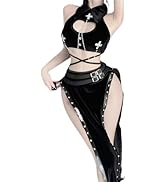 QNCLO Women's cosplay sexy high slit cheongsam underwear lace mesh velvet Chinese dress