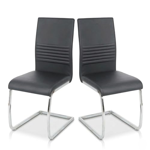 EVRE Cantilever Office Chairs Set of 2 | High Back PU Leather Armless Desk Chair with Chrome Metal Frame & Ergonomic Back Support for Boardroom, Meeting Room & Reception. (Dark Grey)