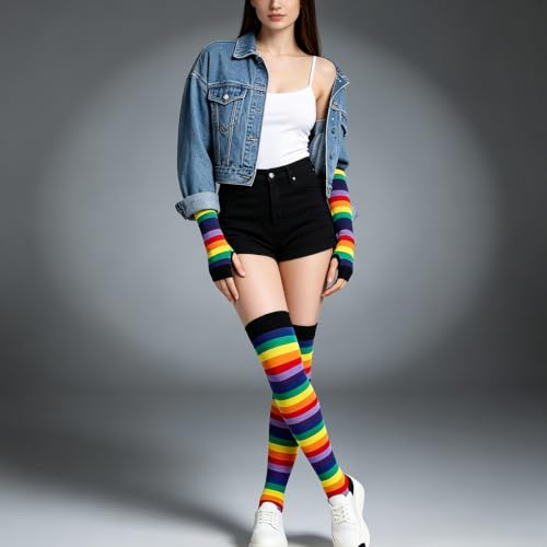 Image of YELAIVP Over Knee Rainbow Thigh High Socks Gloves Set Cosplay Accessories Arm Leg Warmers for Girls