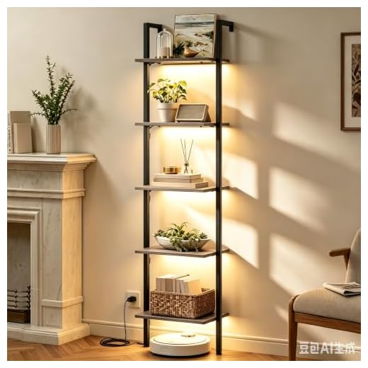 Tajsoon Industrial Bookcase, Ladder Shelf, 5-Tier Wood Wall Mounted Bookshelf with Stable Metal Frame, Open Display Rack, Storage Shelves for Bedroom,Home Office,Collection,Plant Flower, Rustic Brown