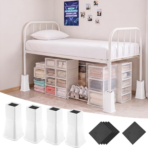 Novabright 4 Pack 12 Inch College Dorm Bed Risers Heavy Duty Extra Plastic Dorm Bed Extender Stackable Furniture Risers for College Room Storage Sofa Table Desk Couch Chair(White)
