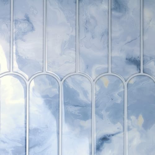 Eighteen blue and white liquid marble tile sheets at 12 by 12 inches — the highest sheet count here covers a full L-shaped run from one pack