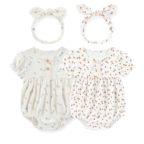 Newborn Baby Girl Clothes Cotton Bubble Rompers Infant Outfit Floral Long Short Bodysuit, 4 Pack3