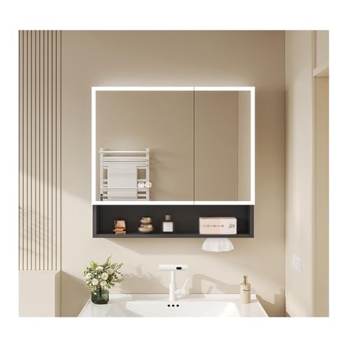 Gabinete LED de espejo de baño con espejo, armario Sto montado en la pared, espejo multifuncional para hogares, apartamentos, hoteles y baños (gris, 60 x 70 cm)