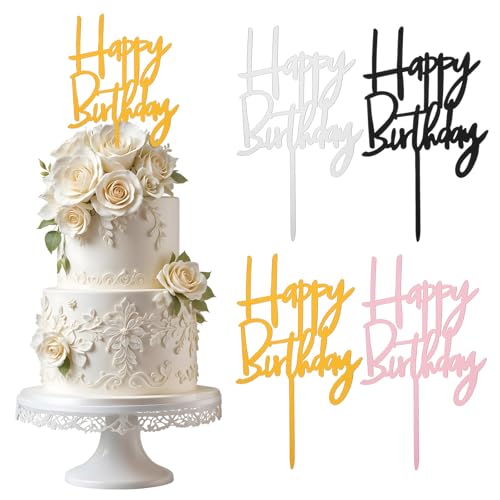 Nogeqi 4PCS Acrylic Happy Birthday Cake Topper, Happy Birthday Cake Decorations Sign for Party Desserts Decoration Ideas (Gold, Silver, Black, Rose Gold)
