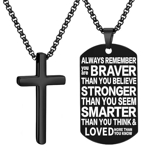 YYQX Black Cross Necklace for Men Bible Verse Stainless Steel Dog Tag Chain Christmas Valentines Graduation Birthday Gifts Baptism Religious Communion Jewelry (Always Remember, Black)