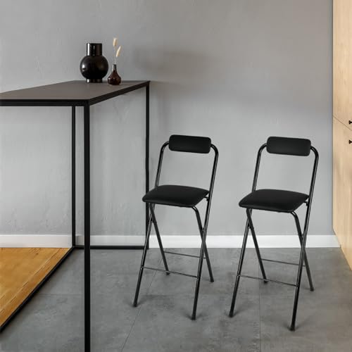 Image of Thyle 1 Pcs Folding Bar Stool with Backrest, Tall Foldable Stool Chair Portable High Folding Bar Chair Counter Height Seat Leather Padded for Kitchen Island Shop Cafe Dining Room Black (24 Inch)