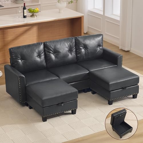 Image of 71 inch Faux Leather Modular Sectional 3 Seater Couch with 2 Storage Ottomans, Vintage PU Leather U Shaped Sofa with Nailhead Trim, Mid Century Modern Tufted Couches for Living Room, Office, Black
