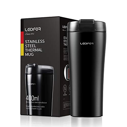 Leidfor Coffee Travel Mug Tumbler Thermal Cup Vacuum Insulated Stainless Steel Spill-Proof Tritan Lid BPA-Free Keep Hot Cold 16ounce BLACK