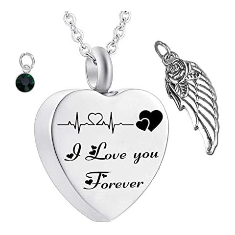 Hoisy Ashes Keepsake Urn, Necklace Urns for Human Ashes Heart Electrocardiogram I Love You Forever with Angel Wing Silver 50X2cm Cover