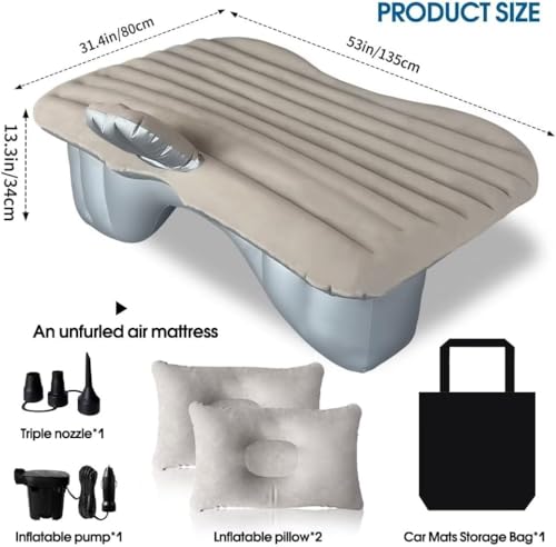Image of VAVSU PVC Car Camping Mattress | Inflatable Travel Bed with 2 Air Pillows | Portable Sleeping Air Couch for SUV, Car & Outdoor Use (Beige)