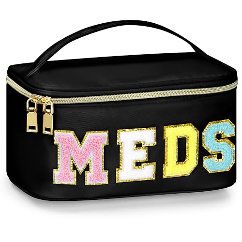 BuyCard Medicines Chenille Letter Bag Nylon Meds Makeup Pouch Preppy Path with Zipper and Handle Cosmetic Toiletry Storage Purse for Women Black