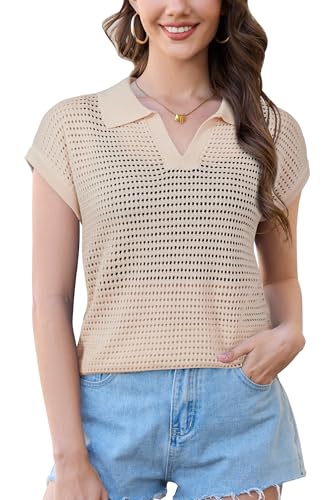 Arach&Cloz 2025 Women's Crochet Cap Sleeve Knit Tops Spring Summer Shirts Lightweight Collared Hollow Out Casual Blouses
