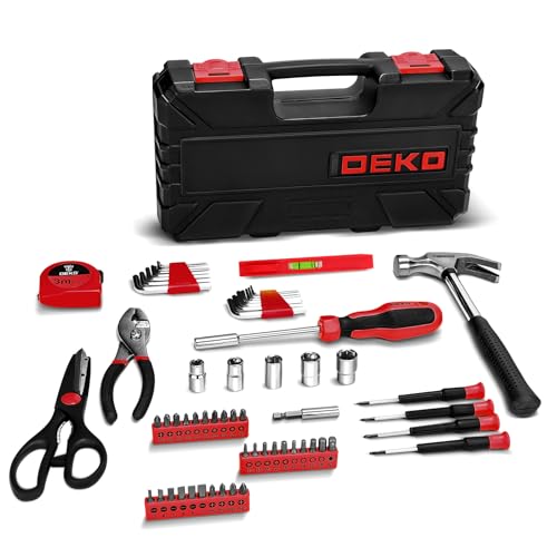 DEKO Tool Kit Set Box 62 Piece Home Repair DIY Tools Basic Hand Toolbox Sets for Home (Red)