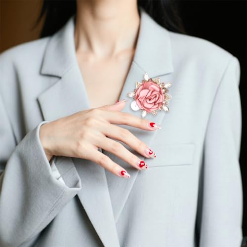 Image of Brooches for Women, Flower Brooch for Women Men Wedding Party Gentleman's Handmade Crystal Pearl Fabric Flower Lapel Pink Pin Dress Boutonniere Ideas Suit Accessories