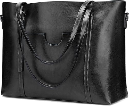 Bolsa feminina de couro genuíno grande para trabalho com zíper, bolsa de mão com vários compartimentos para laptop de 14 polegadas, Preto