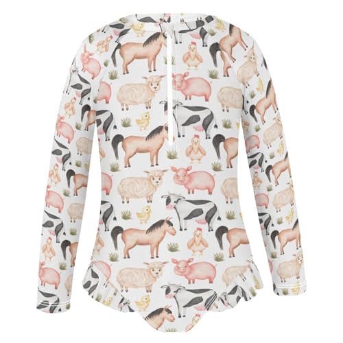 Aflyko Girls' Rash Guard Swimsuit Cartoon Sheep Cow Pig Chicken One-Piece Swimwear UPF 50+2