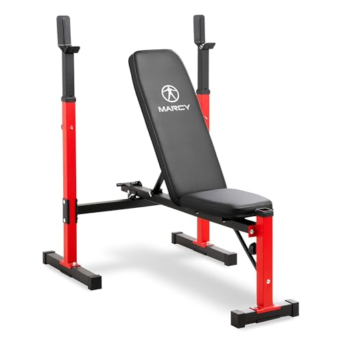 Marcy Banco de pesas estándar plegable de lujo con respaldo ajustable y cierre de barra, gimnasio personal en casa para entrenamiento de fuerza, levantamiento de pesas MWB-5511