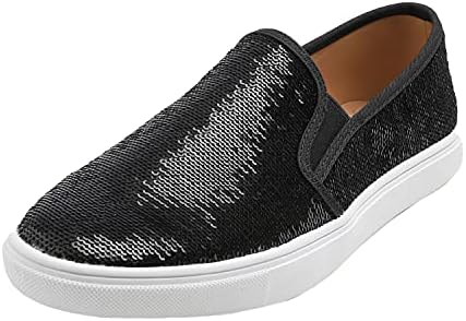 FEVERSOLE Women's Fashion Slip-On Sneaker Casual Flat Loafers Black Sequin Size 7.5 M US