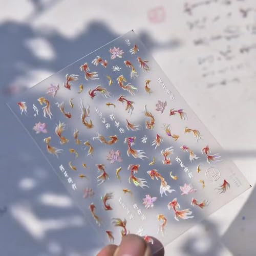 Image of 5D Embossed Goldfish Nail Art Stickers Lotus Flower Nail Decals Chinese Style Design Koi Fish Nail Stickers for Women Girls Kid DIY Manicure Supplies Charm Decorations Accessories