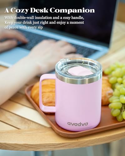 avodvo 12oz Insulated Coffee Mug with Lid – Includes Two Lids, Stainless Steel Coffee Travel Mug with Handle, Double Wall Vacuum Insulated Camping Mug for Home, Office & Outdoor, Pink - image 5