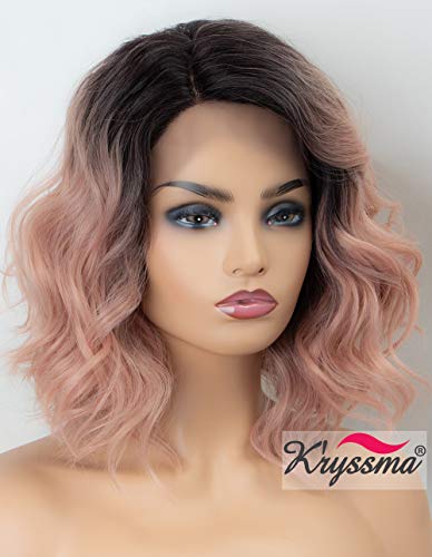 K Ryssma Ombre Pink Lace Front Wig Wavy Rose Blonde Short Bob