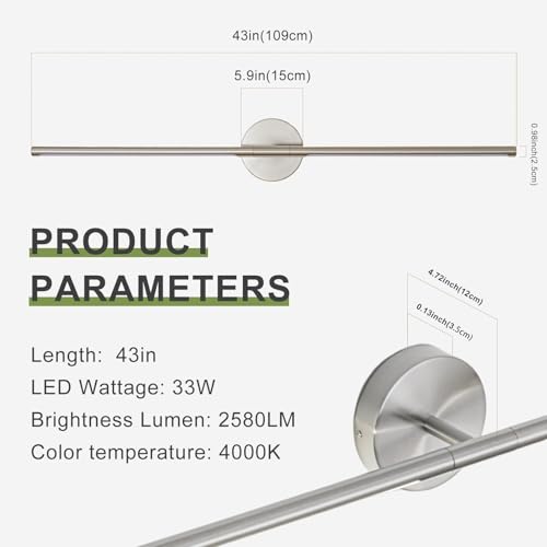 Image of Brushed Nickel Bathroom Light Fixtures Over Mirror 43 Inch, 33W 360 Rotatable Dimmable 4000K LED Vanity Light Bar, Modern Bathroom Vanity Lights Above Mirror