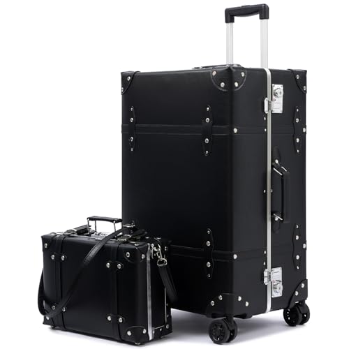 Image of Vintage PU Leather Luggage Set, Retro Trunk Suitcase with Wide Aluminum Frame, TSA Key Locks and Smooth 360 Spinner Wheels (Signature Black,26 inch+12 inch)