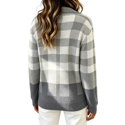 Womens Plaid Knit Cardigan Collar Long Sleeve Button Down Sweater Jacket Color Block Loose Fall Winter Casual Outerwear Black and White - image 3