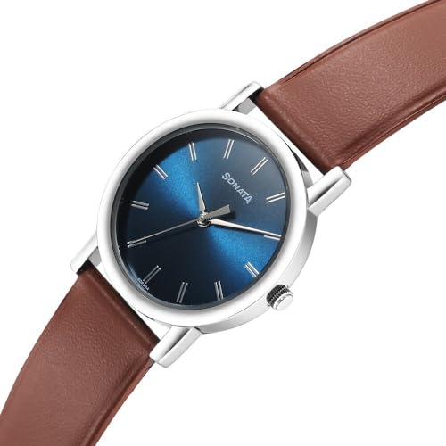 Image of Sonata Classic Quartz Analog Blue Dial Brown Leather Strap Watch for Men-NS7987SL03W /NT7987SL03W