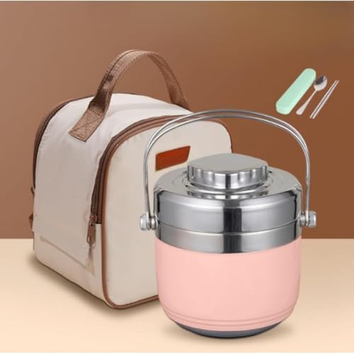 Zxyler 304 ステンレス鋼真空断熱ポット 1.2L/1.5L 容量選択可能 オフホワイトポーチバッグ + 食器セット付き 二層コンパートメント断熱バケツ構造 強力密封漏れ防止 ポータブル米バケ兼用 アウトドア(キャンプ・ピクニック)・家庭用(食材保