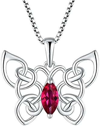 FJ Butterfly Necklace 925 Sterling Silver Celtic Knot Pendant Necklace with Birthstone Cubic Zirconia Jewellery Gifts for Women Girls