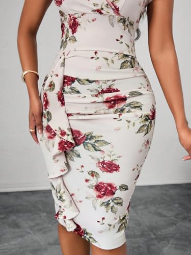 Image of Yajedo Women's Summer Bodycon Midi Dress Print Ruffled Sleeves V Neck Ruched Cocktail Pencil Dress